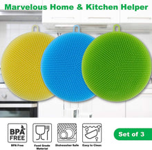 Load image into Gallery viewer, MJDFS, Silicone Sponge for Dish Washing, Dishwasher Safe, Heat Proof and BPA Free, Kitchen Cleaning Sponges for Light Cleaning Tasks, Double Sided Silicone Brush (Set of 3), Multicolor