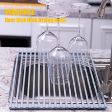 Load image into Gallery viewer, Silicone-Coated Stainless Steel Over The Sink Multipurpose Roll-Up Dish Drying Rack, 20.8"X13.2", Heat Resistant Non Slip Dish Draining Rack BPA Free Dishwasher Safe (L, Gray)
