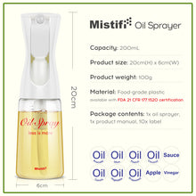 Load image into Gallery viewer, Mistifi Oliver Oil Sprayer for cooking, Spray bottle 6oz, Non-Aerosol Refillable Dispenser Oil Mister FS600 Less is More