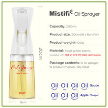 Load image into Gallery viewer, Mistifi Oliver Oil Sprayer for cooking, Spray bottle 6oz, Non-Aerosol Refillable Dispenser Oil Mister FS600 Less is More
